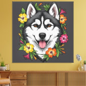 Husky Sled Dog And Colorful Mirablis Flowers キャンバスプリント (インサイチュ (リビング))