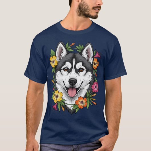 Husky Sled Dog And Colorful Mirablis Flowers Tシャツ (正面)