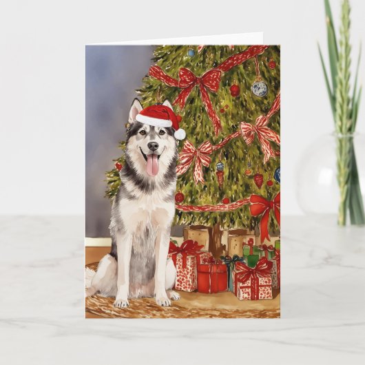 Husky Watercolor Under the Christmas Tree カード (正面)