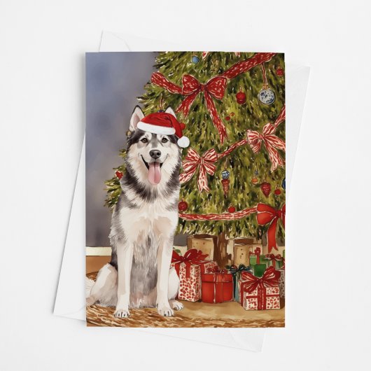 Husky Watercolor Under the Christmas Tree カード