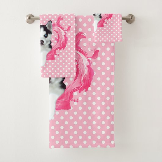 Husky Welpe rosa Herz Punkte Mädchen バスタオルセット (インサイチュ)