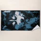 Husky Wolf Grunge Head ビーチタオル (正面)