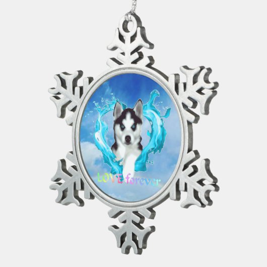 Huskywelpe mit Herz hellblau Rüde love forever スノーフレークピューターオーナメント (右)