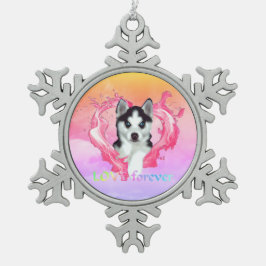 Huskywelpe mit Herz rosa Hündin love forever スノーフレークピューターオーナメント