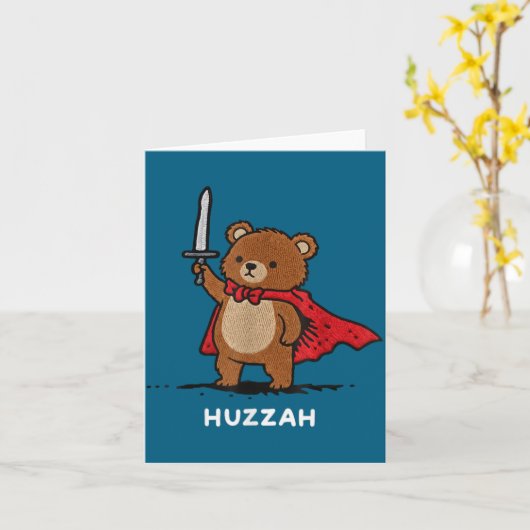 Huzzah Bear Knight Funny Sword Meme Quote  カード (黄色い花)
