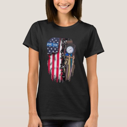 HVAC技術 – 米国国旗 – おもしろい HVAC技術者 Tシャツ (正面)
