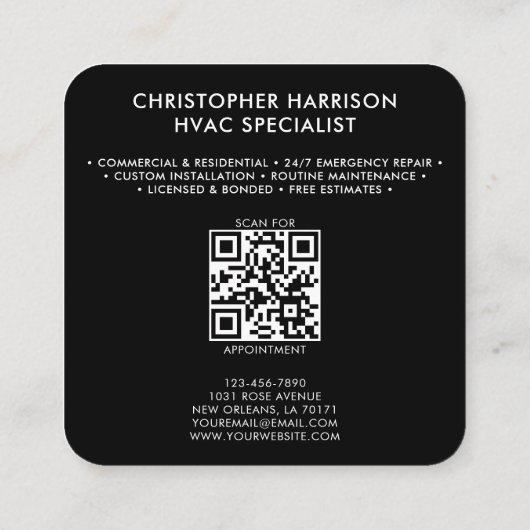 HVAC暖房冷却スペシャリストモダンQRコード スクエア名刺 (裏面)