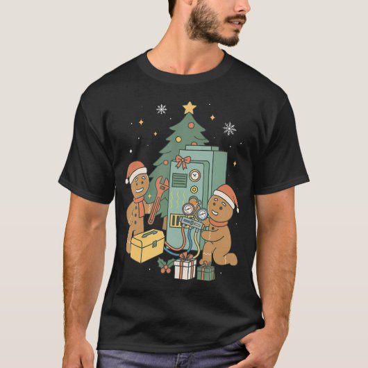HVAC ジンジャーブレッド クリスマス 技術者 建設 Tシャツ (正面)