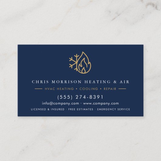 HVAC Services Company Navy Blue Gold QR Code 名刺 (正面)