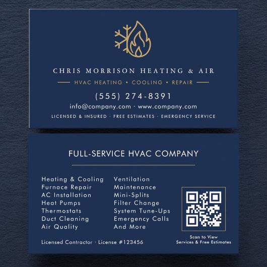 HVAC Services Company Navy Blue Gold QR Code 名刺