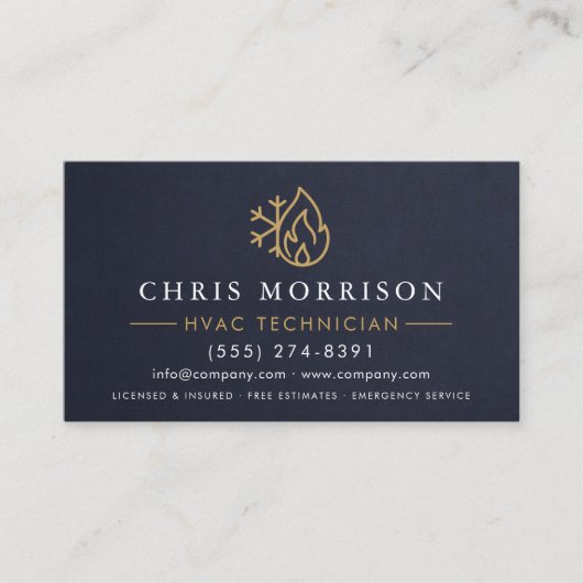 HVAC Technician Navy Blue Gold Modern 名刺 (正面)