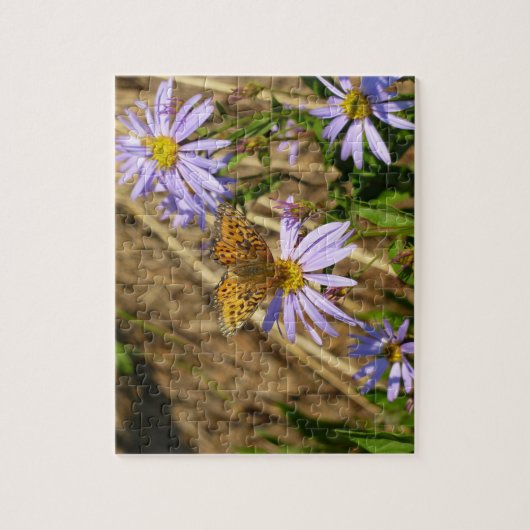 Hydaspe Fritillary on Purple Aster Flowers ジグソーパズル (縦)