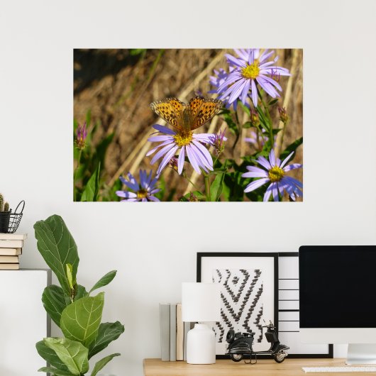 Hydaspe Fritillary on Purple Aster Flowers ポスター (ホームオフィス)