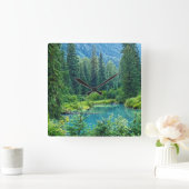 Hyderアラスカ景色の森林及び湖の時計 スクエア壁時計 (ホーム)