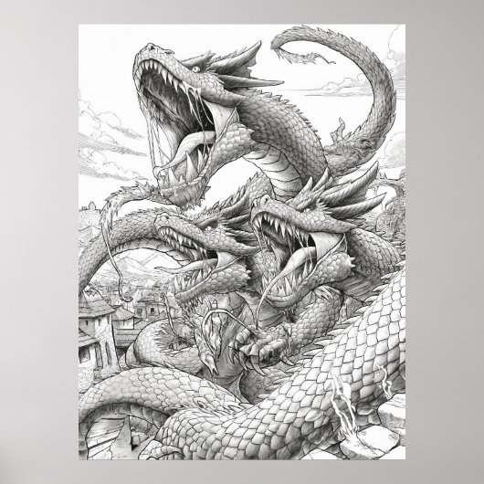 Hydra Coloring Book Page – 神話の生き物Illus ポスター (正面)