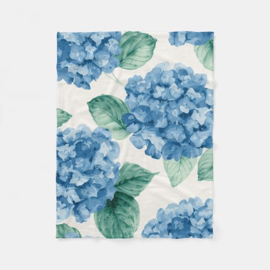 Hydrangea Blues Floral Watercolor Botanical Blooms フリースブランケット (正面)