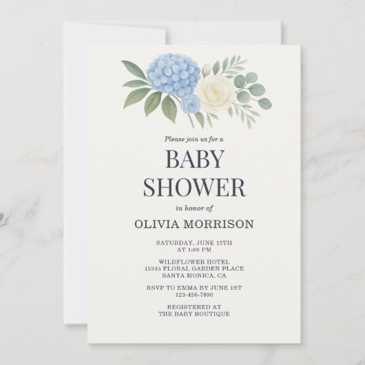 Hydrangea Botanical Eucalyptus Baby Shower 招待状 (正面)