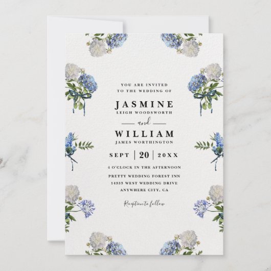 Hydrangea Bouquet Blue Elegant QR Code Wedding 招待状 (正面)