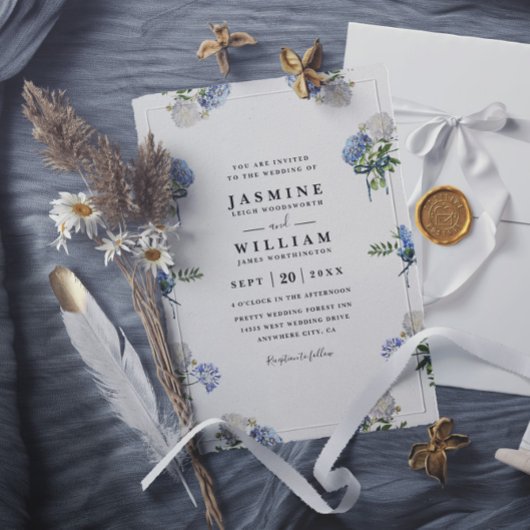 Hydrangea Bouquet Blue Elegant QR Code Wedding 招待状