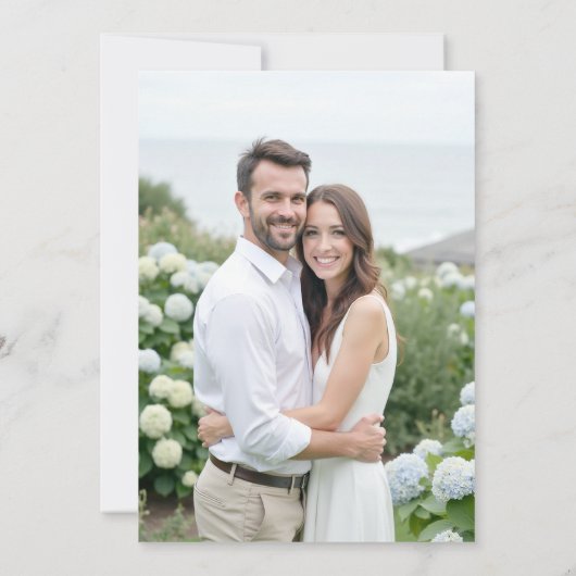 Hydrangea Crest Formal Blue Coastal Photo Wedding セーブザデート (裏面)