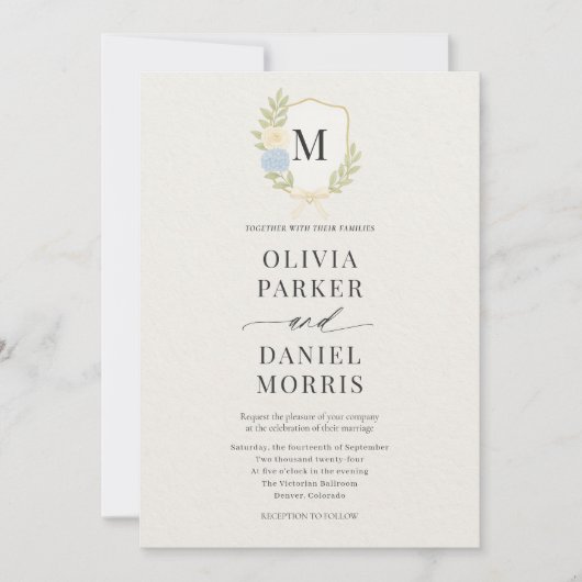 Hydrangea Crest Monogram Photo QR Code Wedding 招待状 (正面)