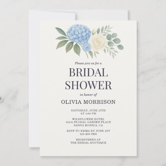 Hydrangea Eucalyptus QR Code Bridal Shower 招待状 (正面)
