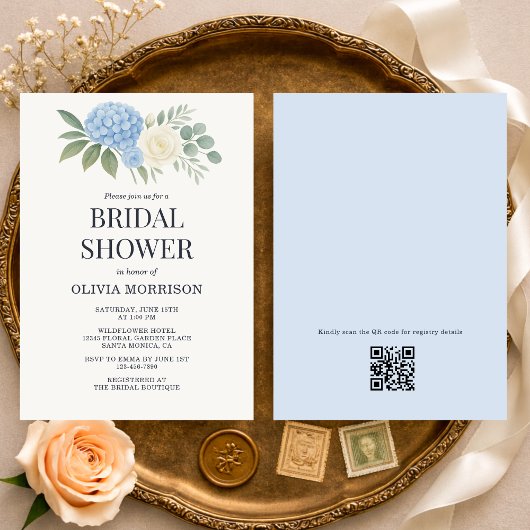 Hydrangea Eucalyptus QR Code Bridal Shower 招待状