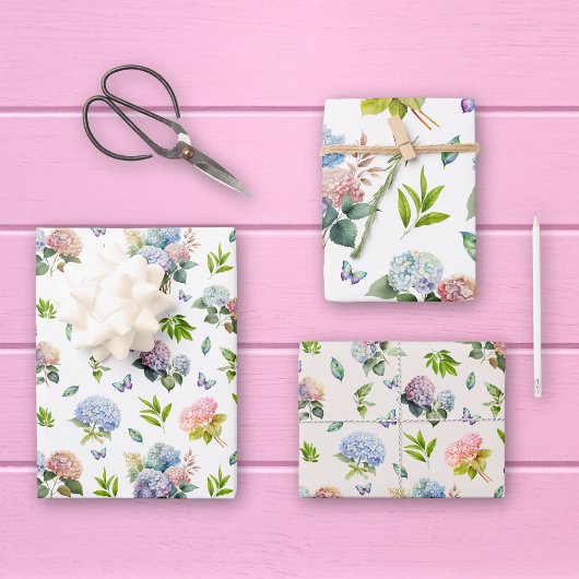 Hydrangea Floral Blue and Pink Set of 3 ラッピングペーパーシート