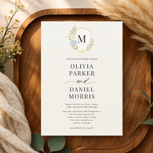 Hydrangea Floral Crest Monogram Wedding 招待状