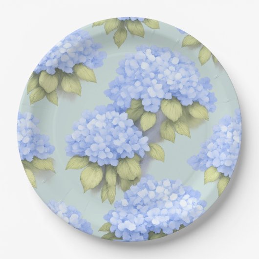 Hydrangea Plates | Duck Egg Blue Floral Party ペーパープレート (正面)