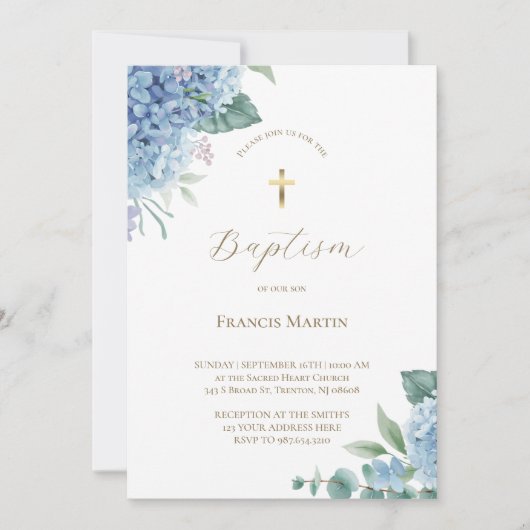 Hydrangea watercolor flowers Baptism Invitation 招待状 (正面)