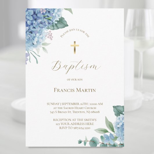 Hydrangea watercolor flowers Baptism Invitation 招待状