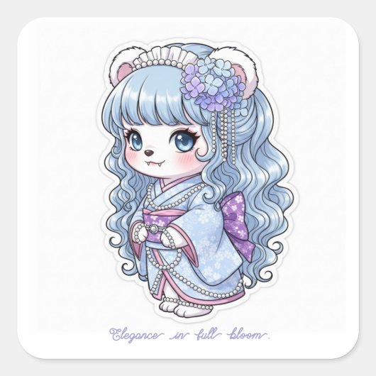 Hydrangea Yukata Bear - Pastel Hair&Pearl Elegance スクエアシール (正面)
