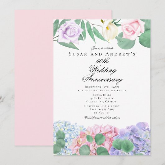 Hydrangeas Roses Wedding Anniversary Invitations 招待状 (正面/裏面)