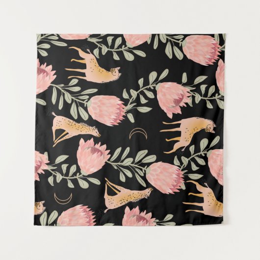 Hyena & Protea:黒い背景シームレス タペストリー (正面(横))