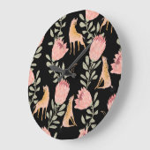 Hyena & Protea：黒い背景シームレス ラージ壁時計 (傾斜)