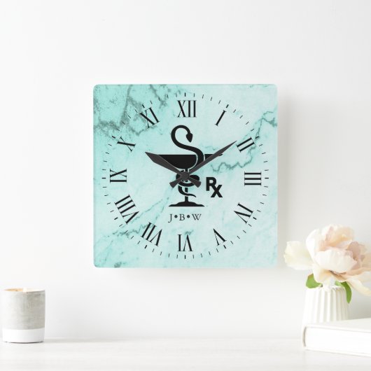 Hygeniaの薬剤師のカスタムなイニシャルの大理石のボール スクエア壁時計 (ホーム)