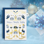Hygge Blue | Yellow Unique Warm Winter Wishes  箔シーズンカード<br><div class="desc">Perfect for your corporate,  small business or personal winter holiday greetings,  this unique "Warm Winter Wishes" real gold foil and blue design features an array of hygge style graphics arranged into a unique pattern that is cozy and cheerful.  Composite design by Holiday Hearts Designs.</div>