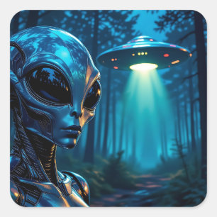 Hyper RealisticエイリアンとUFO in the Forest スクエアシール