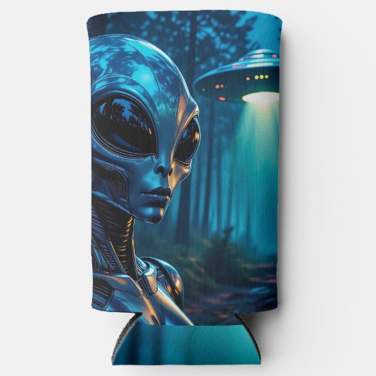 Hyper RealisticエイリアンとUFO in the Forest スリム缶クーラー (正面)