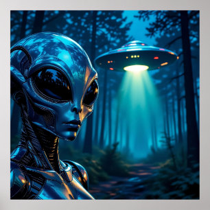 Hyper RealisticエイリアンとUFO in the Forest ポスター