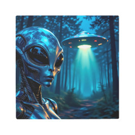 Hyper RealisticエイリアンとUFO in the Forest メタルプリント