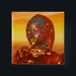 HYPERION Science Fictionの砂漠でサイボーグがアレス 缶バッジ<br><div class="desc">アレスcyborgキャラクター, 3D映画からのアニメーションフレームHyperion.Desert環境はエジプトに似ている，太陽，ピラミッド，寺.Baldesign3d (c), カラフルと明るいSF画像芸術的.</div>