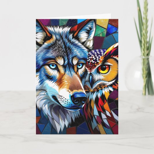 Hyperreaslistic Wolf and Owl | Happy Birthday カード (正面)