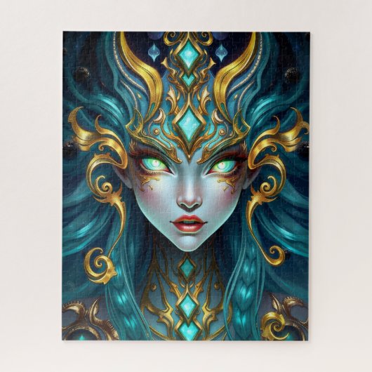 Hypnotic Neon Goddess with Glowing Spiral Eyes ジグソーパズル (縦)