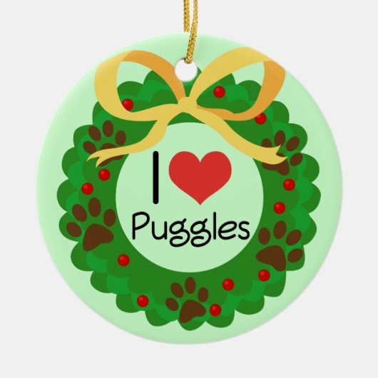 IハートのPugglesのクリスマスのギフトのアイディア セラミックオーナメント (正面)