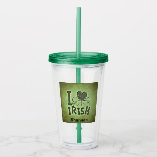 Iハートアイリッシュシャームロックネームモノグラムイニシャル アクリルタンブラー (正面)