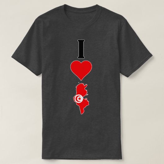 IハートチュニジアI大好きチュニジア国旗の地図 Tシャツ (デザイン正面)
