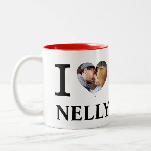 Iハートパーソナライズされたカップルのフォトラブ ツートーンマグカップ (左)