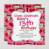 IハートモンキーピンクIラブサル招待状 招待状 (正面/裏面)